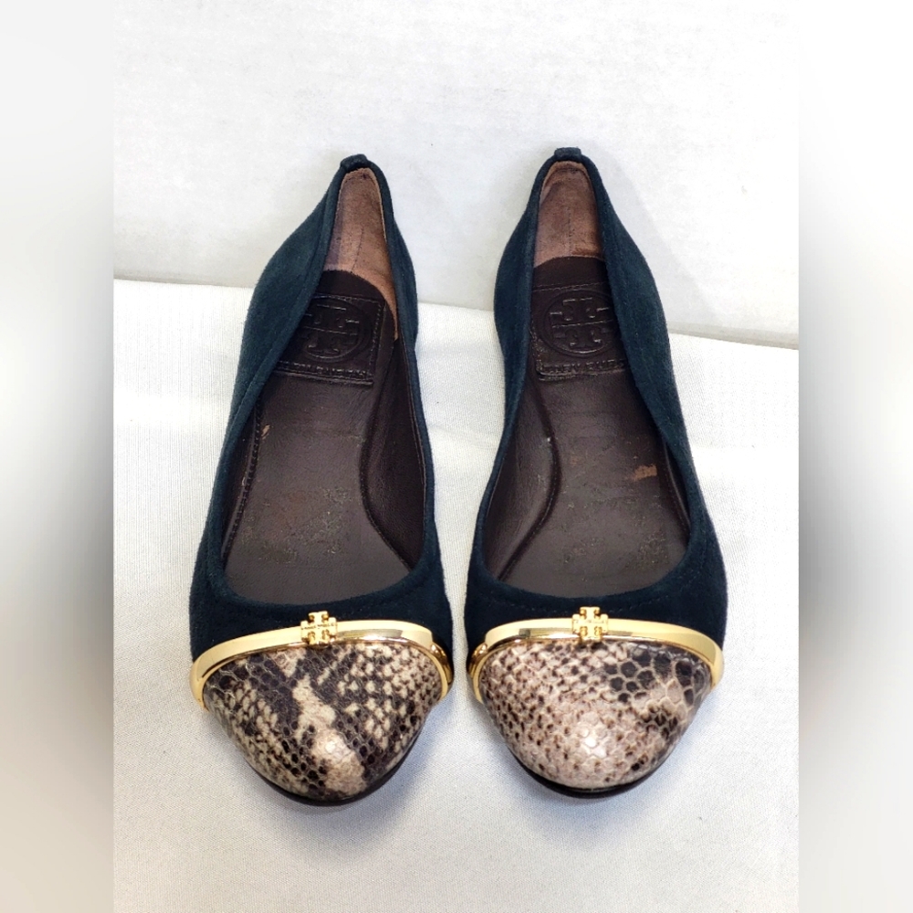 Tory Burch  size 5 Pacey Driver Black Suede Snakeskin Cap Toe Ballet Flats Shoes
